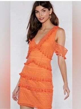 Nasty Gal Orange Crochet Pom-Pom Mini Dress